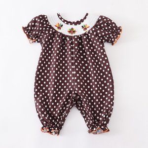 Boutique Thanksgiving Turkey Smocked Embroidered Baby Girls Romper Jumpsuit